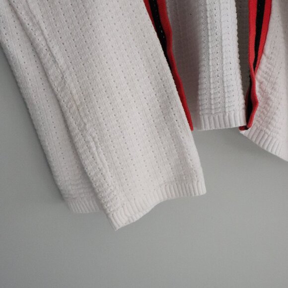 89th & Madison Open Front Oversized White Small Knit Red Collar Sweater Cardigan - Picture 7 of 11